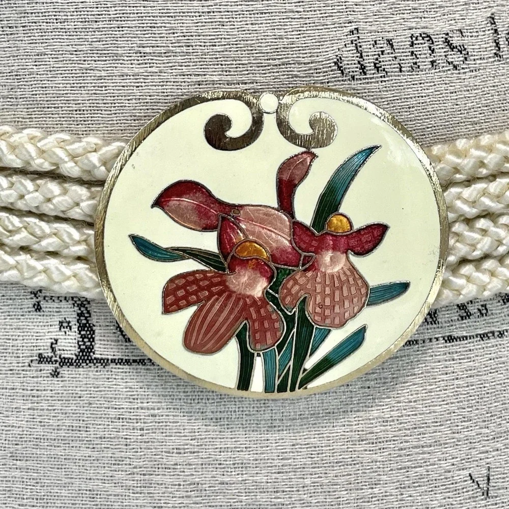 Vintage‎ 80s Cream Braided Rope Belt Orchid Floral Gold Tone Buckle 36